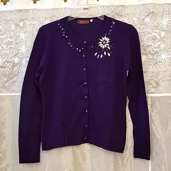 Jessica Sweaters - Deep Purple Sparkly Beaded Cardigan, M/L*